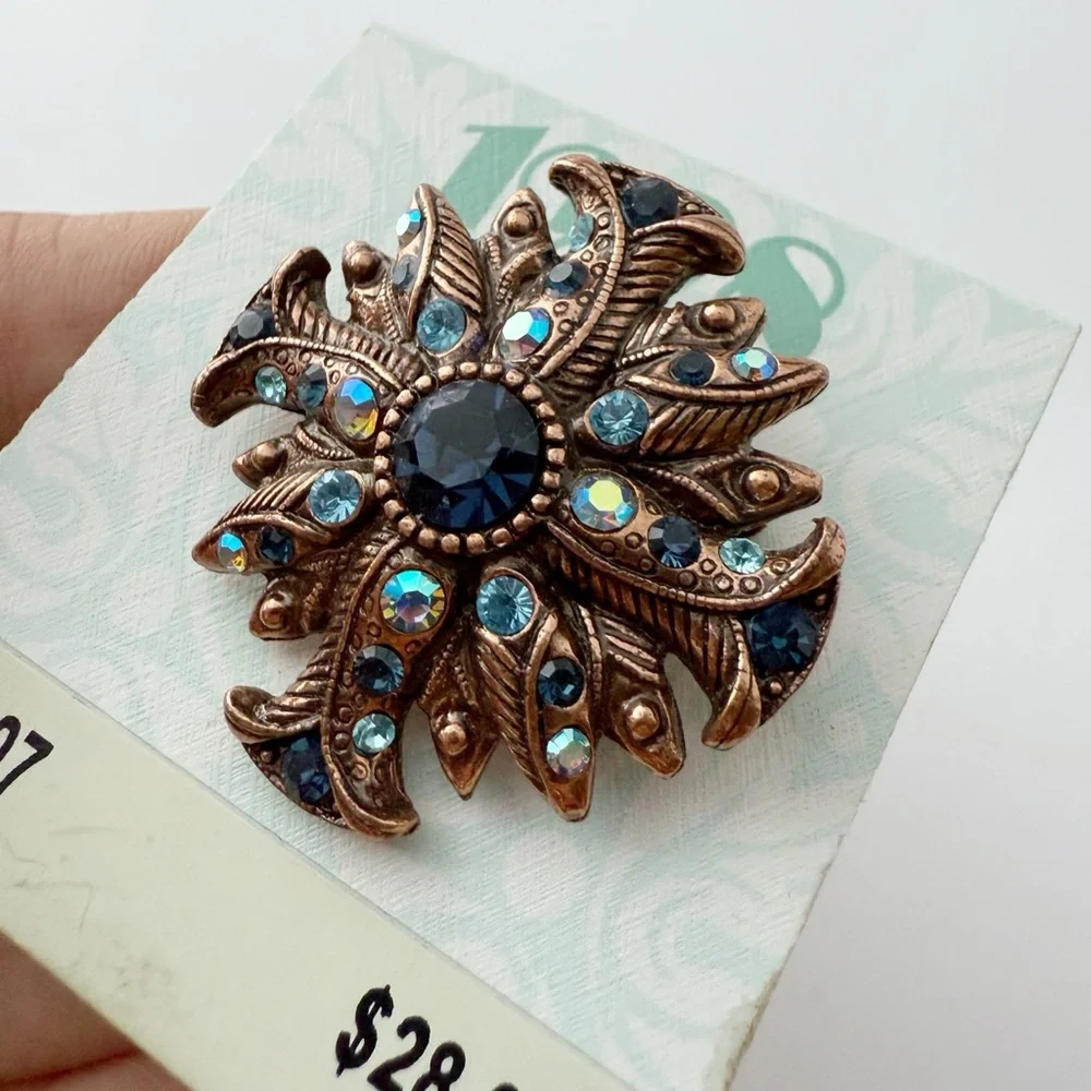 Vintage 1928 Blue Rhinestone Floral Maltese Cross Coppertone Brooch Pin